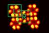 Orange round shapes in five circles, some encompassed in green squares with an L and an R