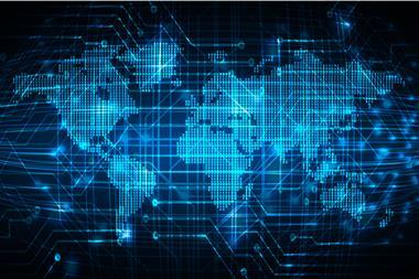 A digital representation of a world map using blue laser-like lines and points