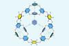 A molecular structure featuring oxygen atoms connecting carbon rings, some of which have fluorine side groups and others include nitrogen in the rings, into a large ball-like 3d structure.